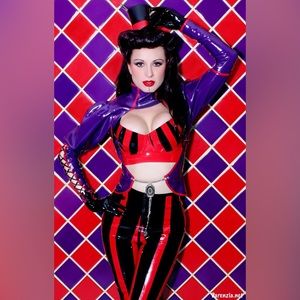 Vex Latex Circus Burlesque Set Red+Black Striped Bra Leggings Purple Bolero XS S